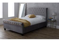 6ft Super King Size Sleigh style Orb, button back headend, silver grey velvet fabric finish bed 1